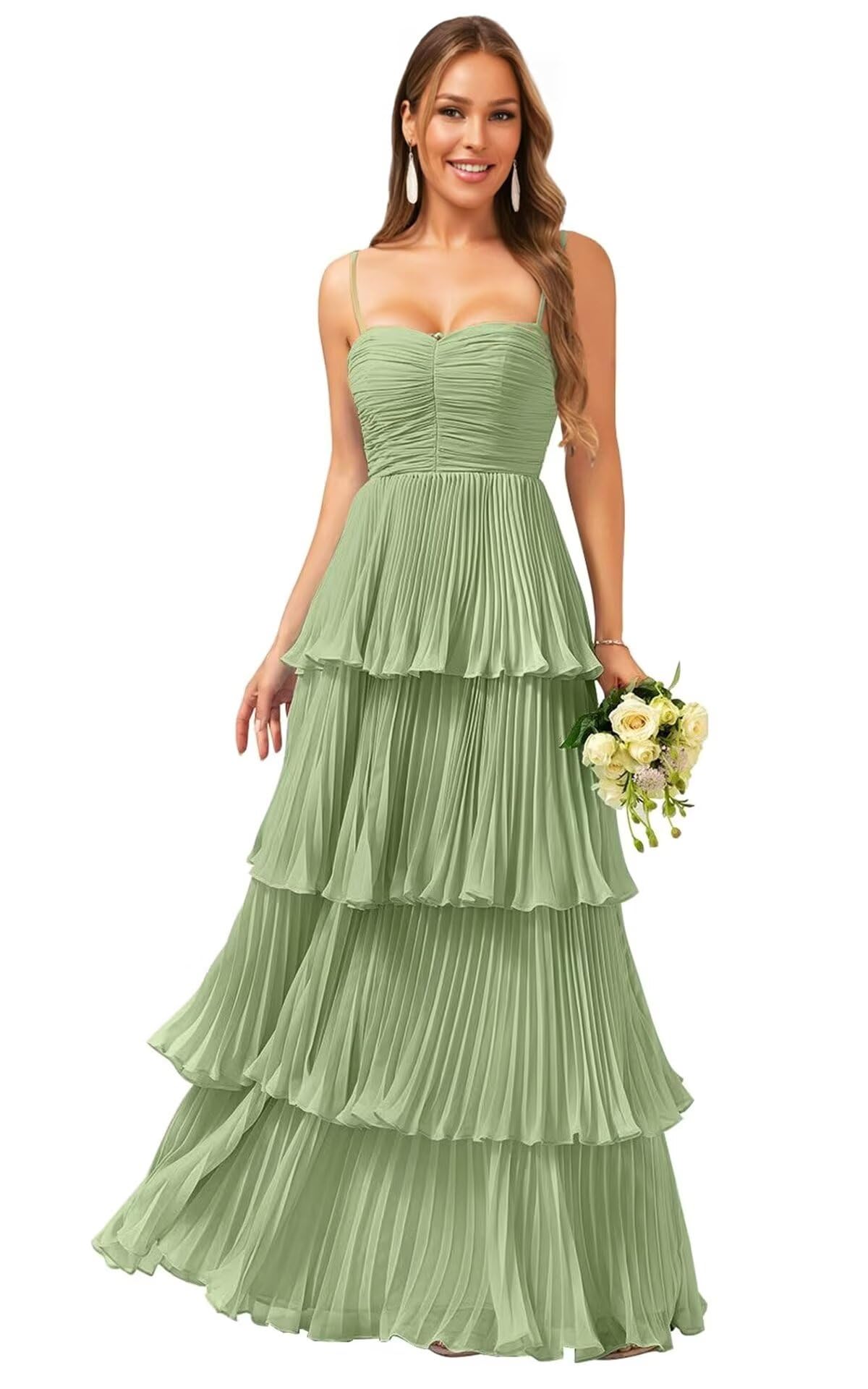Tiered Ruffle Bridesmaid Dresses for Women Spaghetti Straps Long Chiffon Formal Evening Prom Gowns
