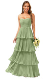 Tiered Ruffle Bridesmaid Dresses for Women Spaghetti Straps Long Chiffon Formal Evening Prom Gowns