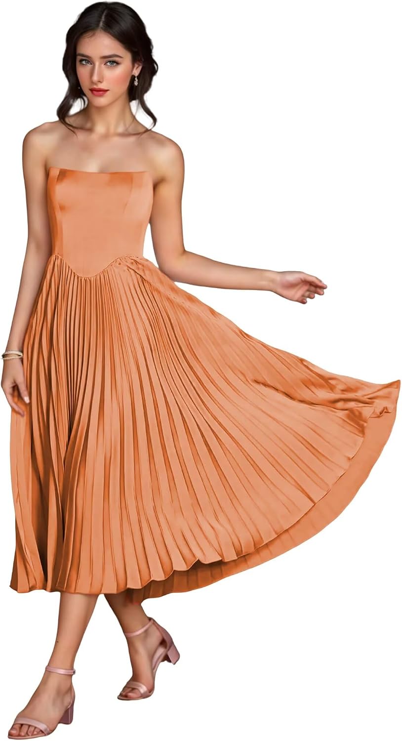 Women's Strapless Bridesmaid Dresses for Womens Tea Length Ruffle Satin Formal Prom Dress
