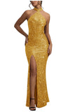 Sequin Mermaid Prom Dresses for Women Long Sparkly Halter-Neck Tight Backless Formal Evening Party Gowns with Slit
