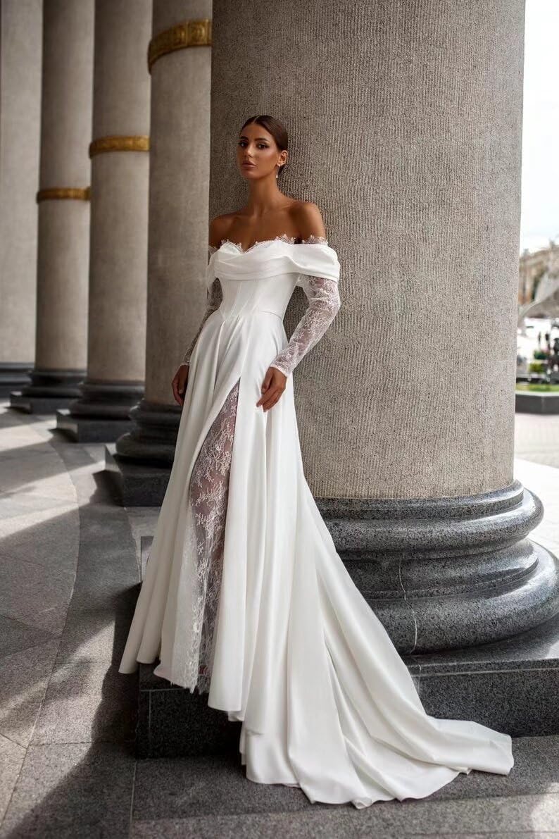 Off Shoulder Satin Wedding Dresses Lace Long Sleeve Prom Dresses Corset A-Line Ball Gowns with Slit
