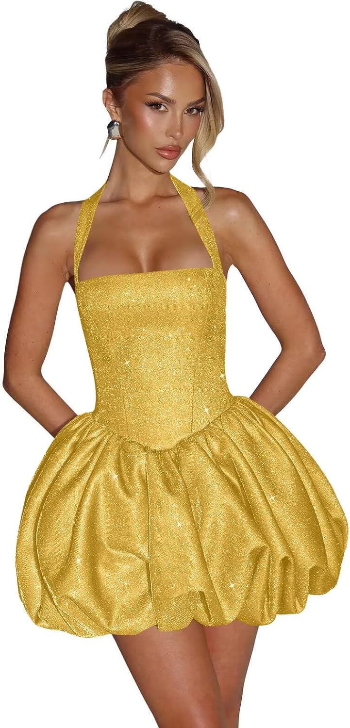 Satin Halter Homecoming Dresses for Teens Short Glitter A-Line Prom Dress Bubble Mini Formal Cocktail Party Gowns