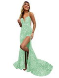 Sparkly Mermaid Sequin Prom Dresses for Women Long Spaghetti Straps V-Neck Formal Evening Party Gowns with Slit