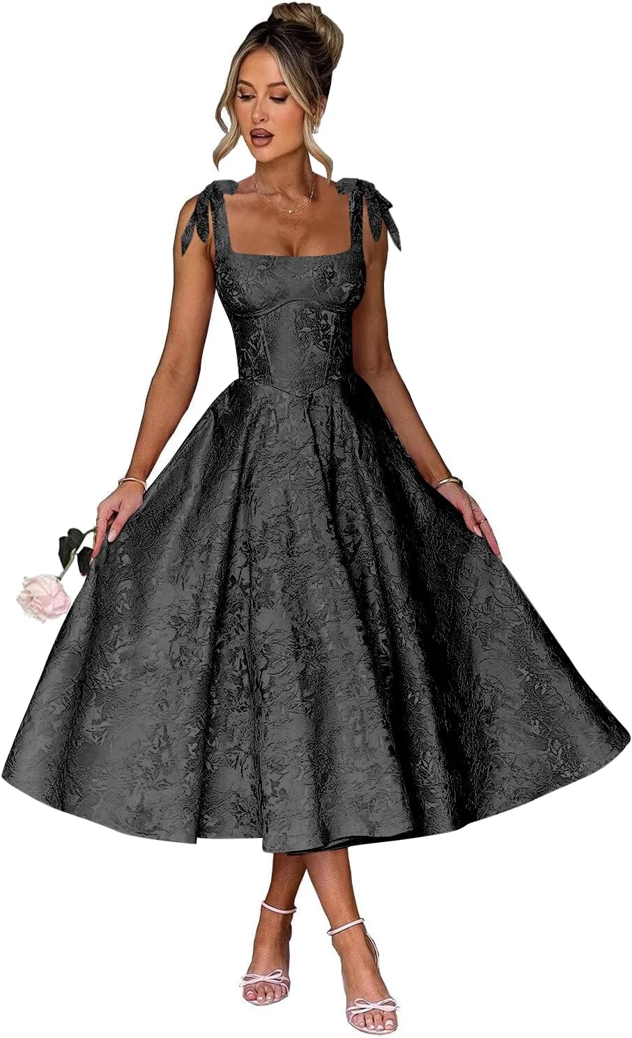 Women's Midi Bridesmaid Dresses Jacquard Satin with Bow Spaghetti Straps Square Neck Formal Wedding Guest Dress