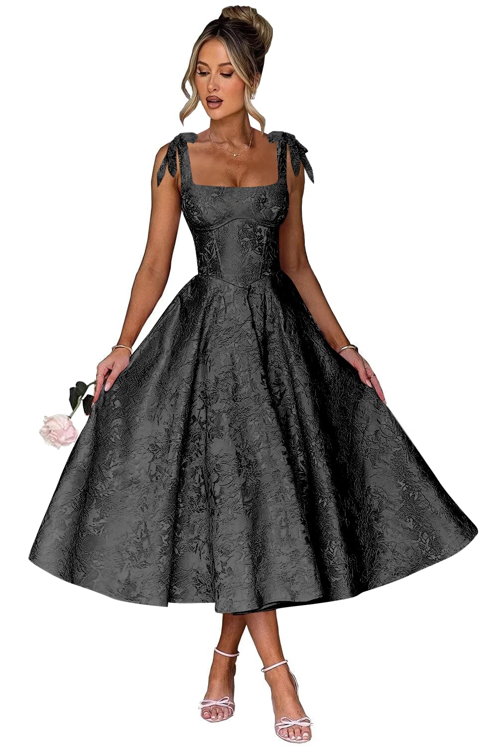 Women's Midi Bridesmaid Dresses Jacquard Satin with Bow Spaghetti Straps Square Neck Formal Wedding Guest Dress