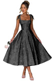 Women's Midi Bridesmaid Dresses Jacquard Satin with Bow Spaghetti Straps Square Neck Formal Wedding Guest Dress