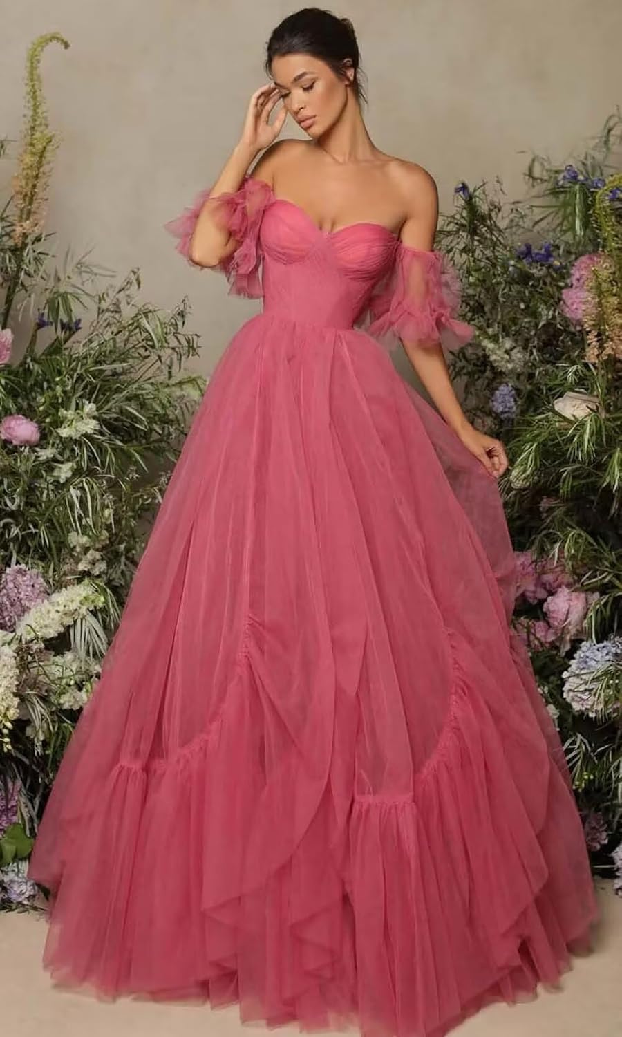 A-line Ruffled Short Sleeve Tulle Prom Dress for Women, Sweetheart Formal Gown Off The Shoulder Long Party Dress