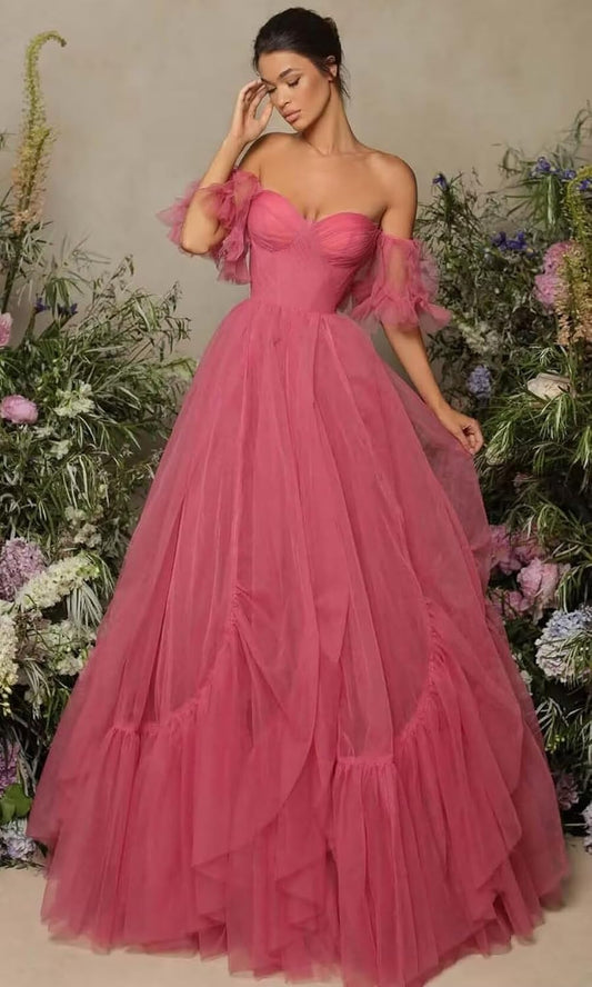 A-line Ruffled Short Sleeve Tulle Prom Dress for Women, Sweetheart Formal Gown Off The Shoulder Long Party Dress