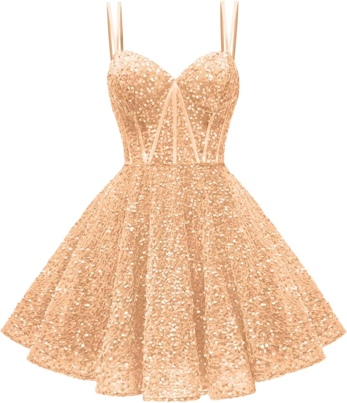 Kingbridal Gowns Sparkly Sequin Homecoming Dresses for Teens 2027 Flowy Spaghetti Straps A-Line Short Formal Prom Dress with Pockets