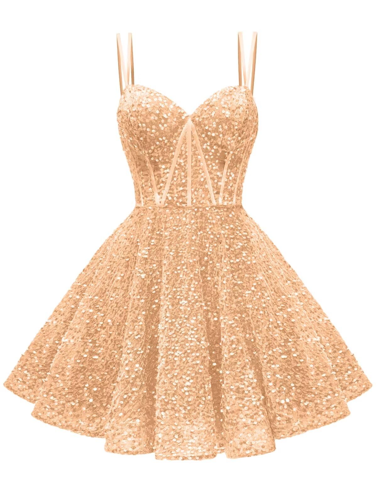 Kingbridal Gowns Sparkly Sequin Homecoming Dresses for Teens 2027 Flowy Spaghetti Straps A-Line Short Formal Prom Dress with Pockets