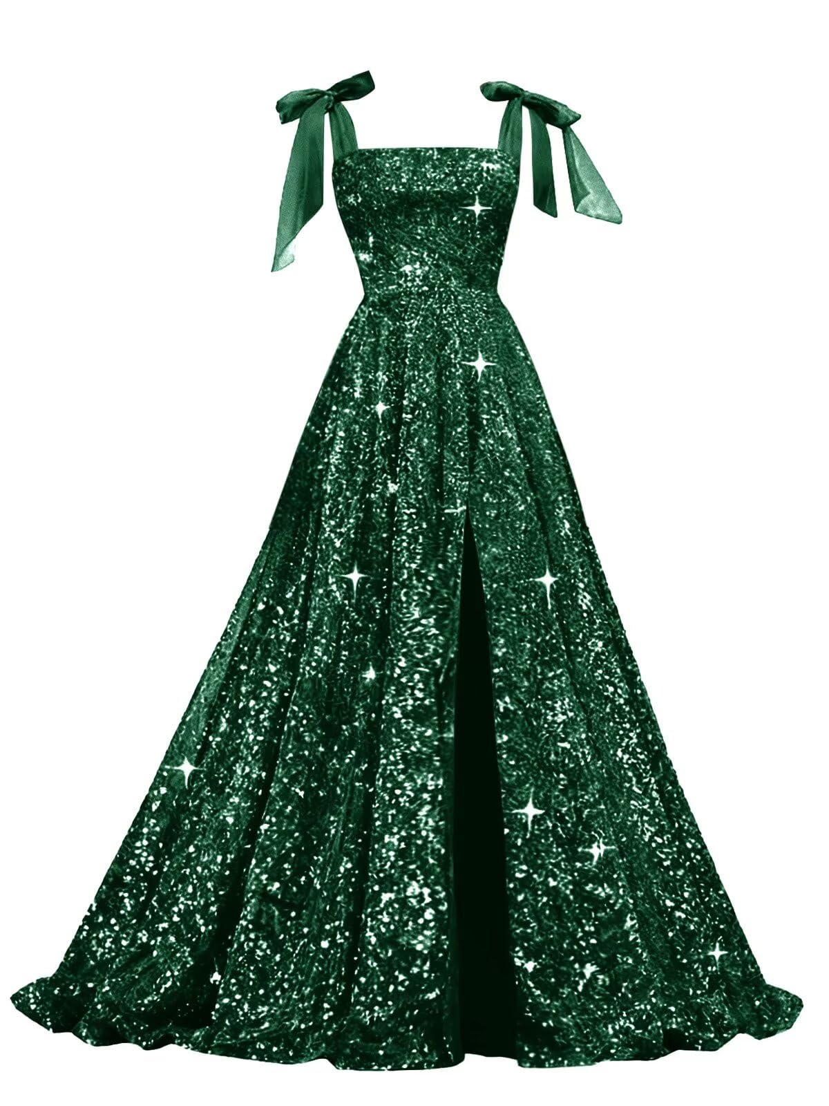 Bow Straps Prom Dresses 2026 Sparkly Sequin Square Neck Ruched Long Puffy Ball Gown Formal Dress with Slit Pockets