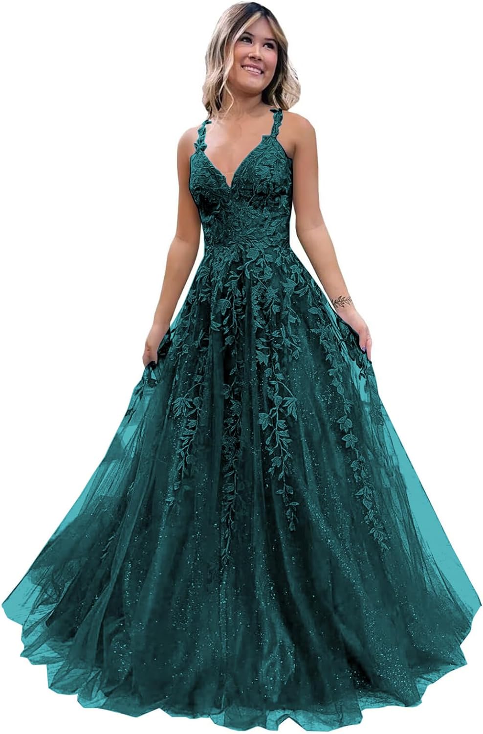 Women's Sparkly Tulle Lace Applique Prom Dresses 2025 Long Spaghetti Straps Formal Evening Gowns