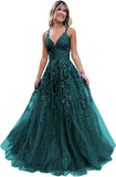 Women's Sparkly Tulle Lace Applique Prom Dresses 2025 Long Spaghetti Straps Formal Evening Gowns