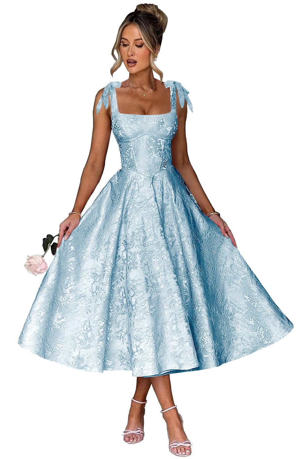 Women's Midi Bridesmaid Dresses Jacquard Satin with Bow Spaghetti Straps Square Neck Formal Wedding Guest Dress