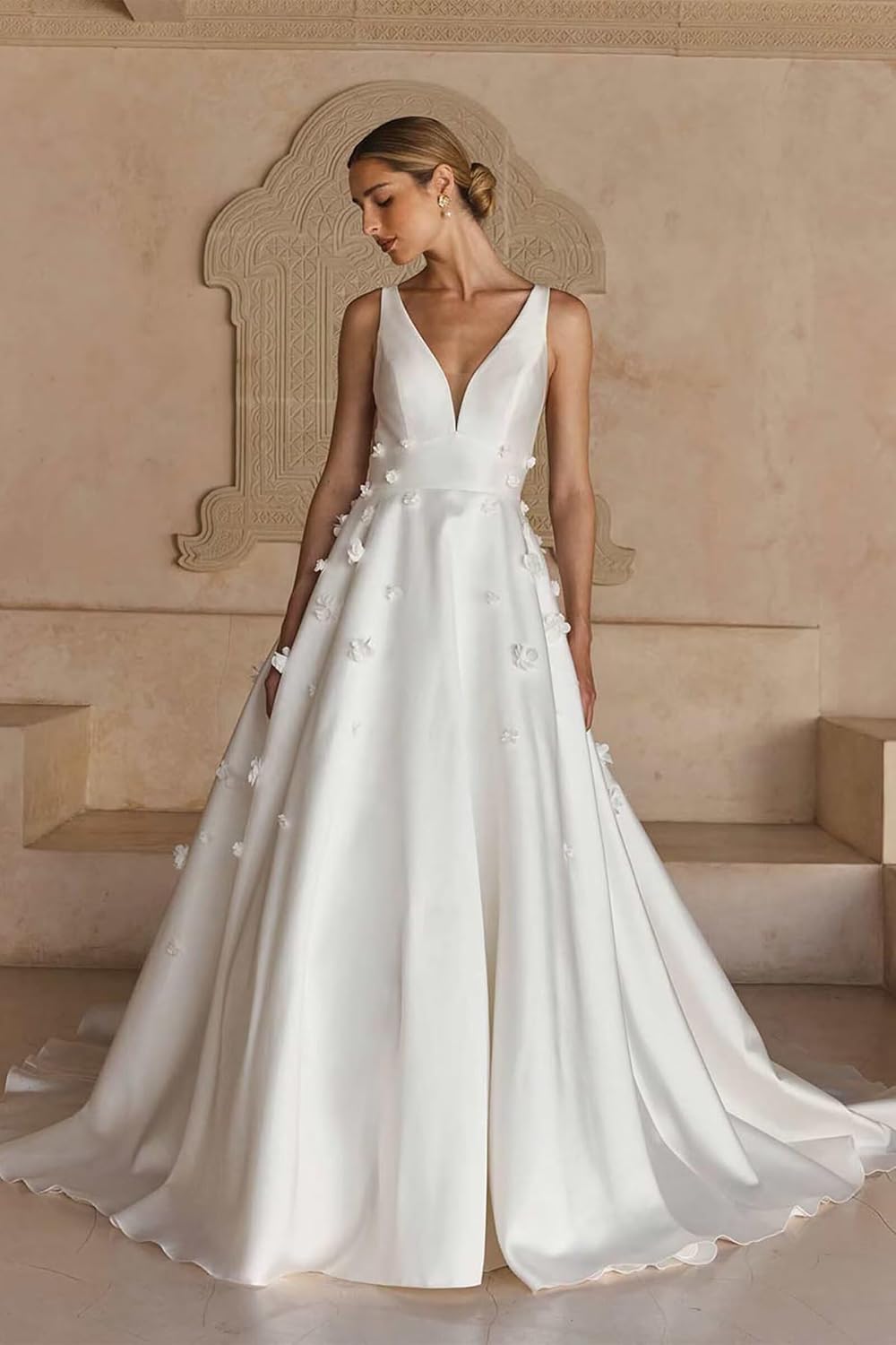 Spaghetti Straps Satin Wedding Dress for Bride 2027 A Line V Neck Bridal Gowns with Train
