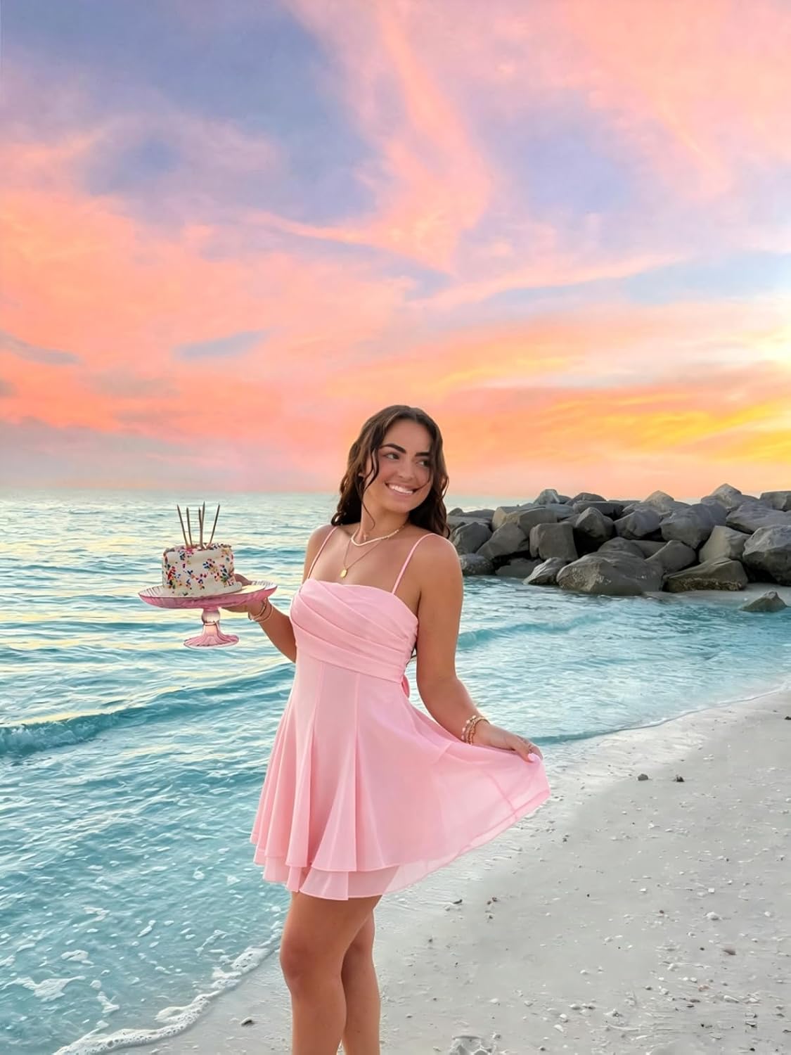 Spaghetti Straps Chiffon Homecoming Dresses for Teens Short 2026 Tiered Ruffle Square Neck Mini Cocktail Gowns