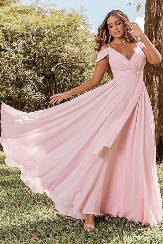 Schulterfreie Brautjungfernkleider 2025 für Frauen, langes Chiffon-Abendkleid mit V-Ausschnitt und Schlitz