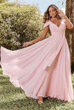 Schulterfreie Brautjungfernkleider 2025 für Frauen, langes Chiffon-Abendkleid mit V-Ausschnitt und Schlitz