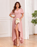 Women's Flutter Sleeve Bridesmaid Dresses with Pockets High Low Formal Dress