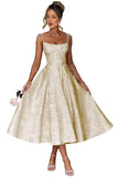 Jacquard Floral Satin Prom Dresses for Women 2026 Spaghetti Straps A-Line Midi Formal Evening Party Gown with Pockets
