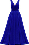 Glitter Satin Prom Dresses for Women Long V Neck A-Line Pleated Formal Evening Party Gowns with Pockets