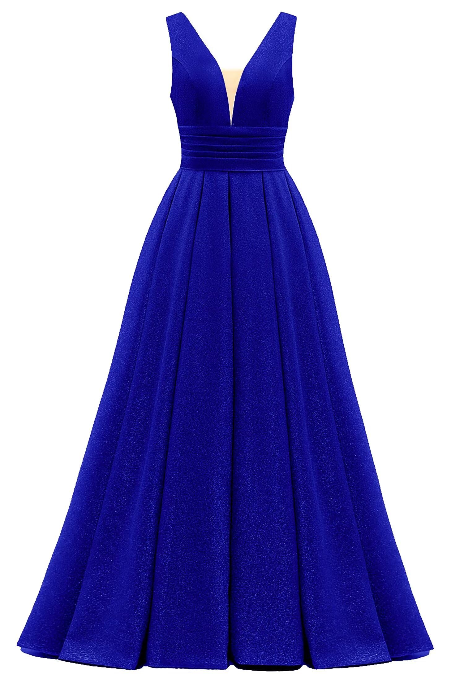 Glitter Satin Prom Dresses for Women Long V Neck A-Line Pleated Formal Evening Party Gowns with Pockets