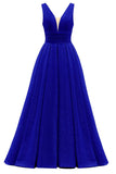 Glitter Satin Prom Dresses for Women Long V Neck A-Line Pleated Formal Evening Party Gowns with Pockets