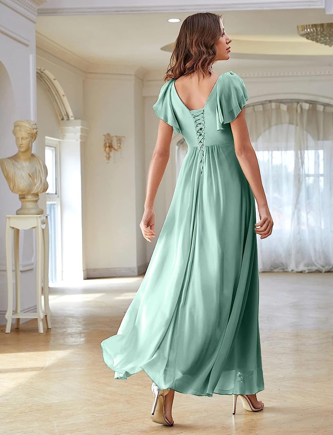 V Neck Flutter Sleeves Bridesmaid Dresses with Slit 2025 Chiffon Aline Pleats Formal Evening Gowns for Women