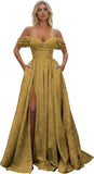 Off Shoulder Long Prom Dress 2026 Floral Satin A-Line Corset Ball Formal Evening Gown with Slit
