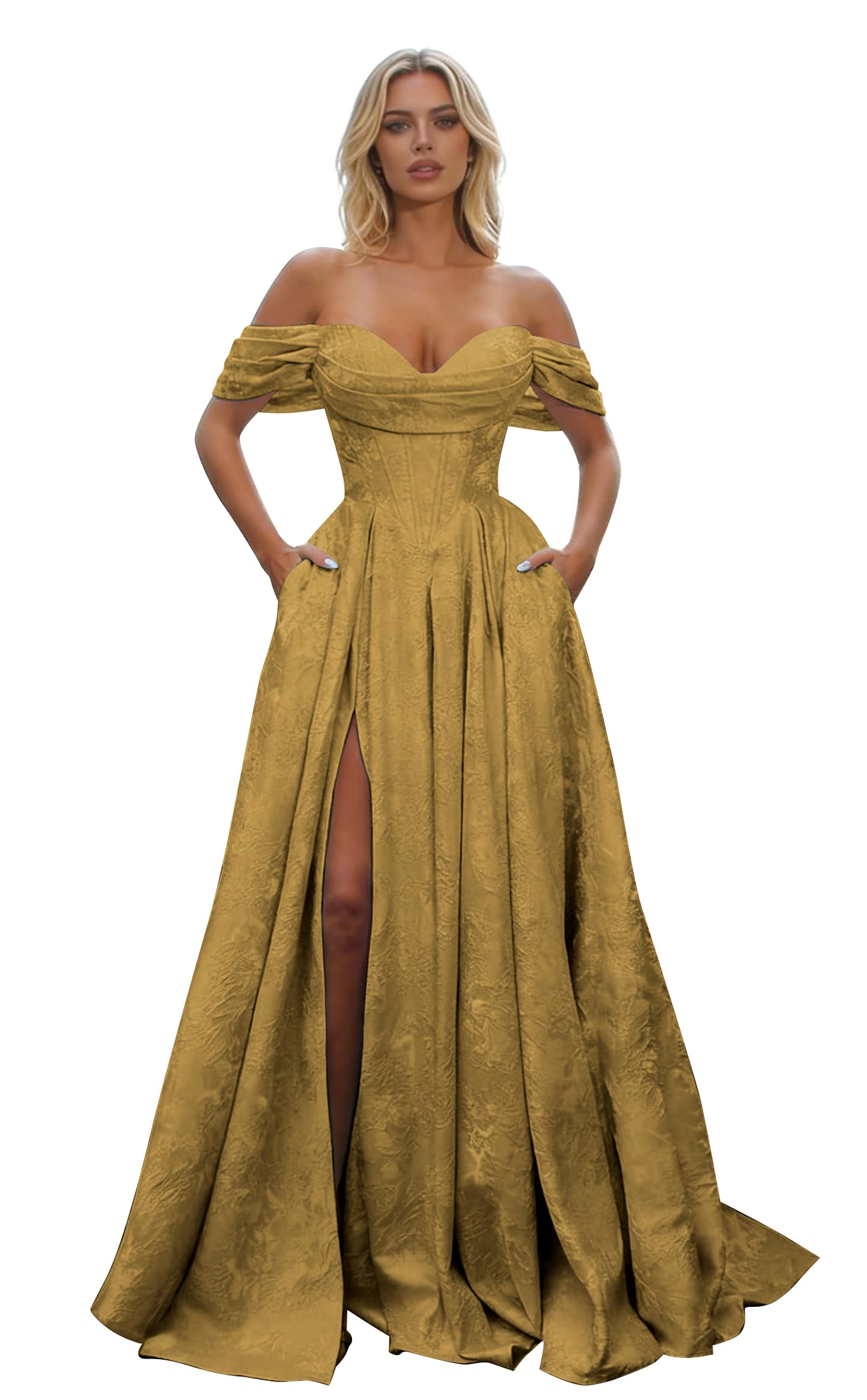 Off Shoulder Long Prom Dress 2026 Jacquard Floral Satin A-Line Corset Ball Gown with Slit Formal Evening Dresses
