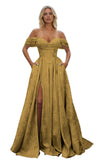 Off Shoulder Long Prom Dress 2026 Floral Satin A-Line Corset Ball Formal Evening Gown with Slit