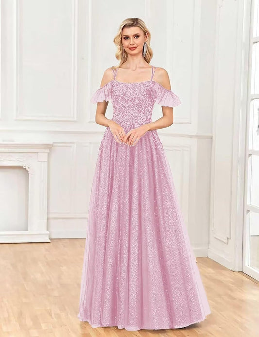 Off Shoulder Tulle Ball Gowns for Women Lace Appliques Beaded Prom Dress Sparkly Long A-line Evening Gowns