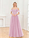 Off Shoulder Tulle Ball Gowns for Women Lace Appliques Beaded Prom Dress Sparkly Long A-line Evening Gowns
