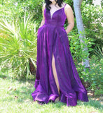 Women's Glittery Spaghetti V-Neck Prom Dresses Long Side Split Formal Evening Gowns