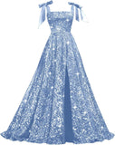 Bow Straps Prom Dresses 2026 Sparkly Sequin Square Neck Ruched Long Puffy Ball Gown Formal Dress with Slit Pockets
