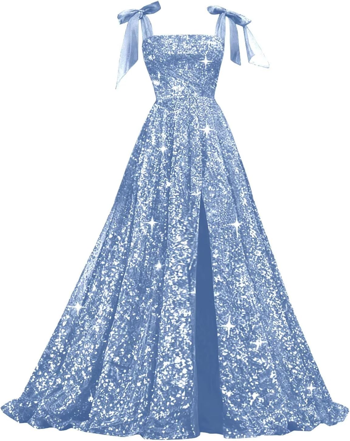 Bow Straps Prom Dresses 2026 Sparkly Sequin Square Neck Ruched Long Puffy Ball Gown Formal Dress with Slit Pockets