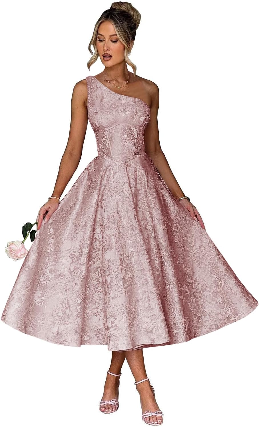 Jacquard Floral Satin Prom Dresses 2026 One Shoulder A-Line Midi Formal Evening Party Gown with Pockets for Women