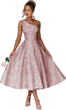 Jacquard Floral Satin Prom Dresses 2026 One Shoulder A-Line Midi Formal Evening Party Gown with Pockets for Women