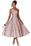 Jacquard Floral Satin Prom Dresses 2026 One Shoulder A-Line Midi Formal Evening Party Gown with Pockets for Women