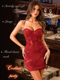 Women's Embroidered Corset Mini Dress, Semi-Formal Sweetheart Tie Back Backless Lace Bodycon Dress for Grad Party & Vacation