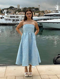 Satin Floral Jacquard Prom Dress for Women Strapless Corset Tea Length Formal Cocktail Evening Gowns