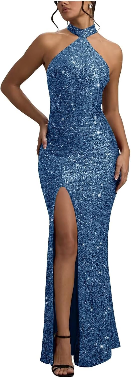 Sequin Mermaid Prom Dresses for Women Long Sparkly Halter-Neck Tight Backless Formal Evening Party Gowns with Slit