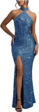 Sequin Mermaid Prom Dresses for Women Long Sparkly Halter-Neck Tight Backless Formal Evening Party Gowns with Slit