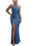 Sequin Mermaid Prom Dresses for Women Long Sparkly Halter-Neck Tight Backless Formal Evening Party Gowns with Slit