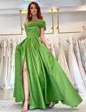 Women's One Shoulder Prom Dresses Long Satin Side Slit Formal Evening Gowns with Pockets