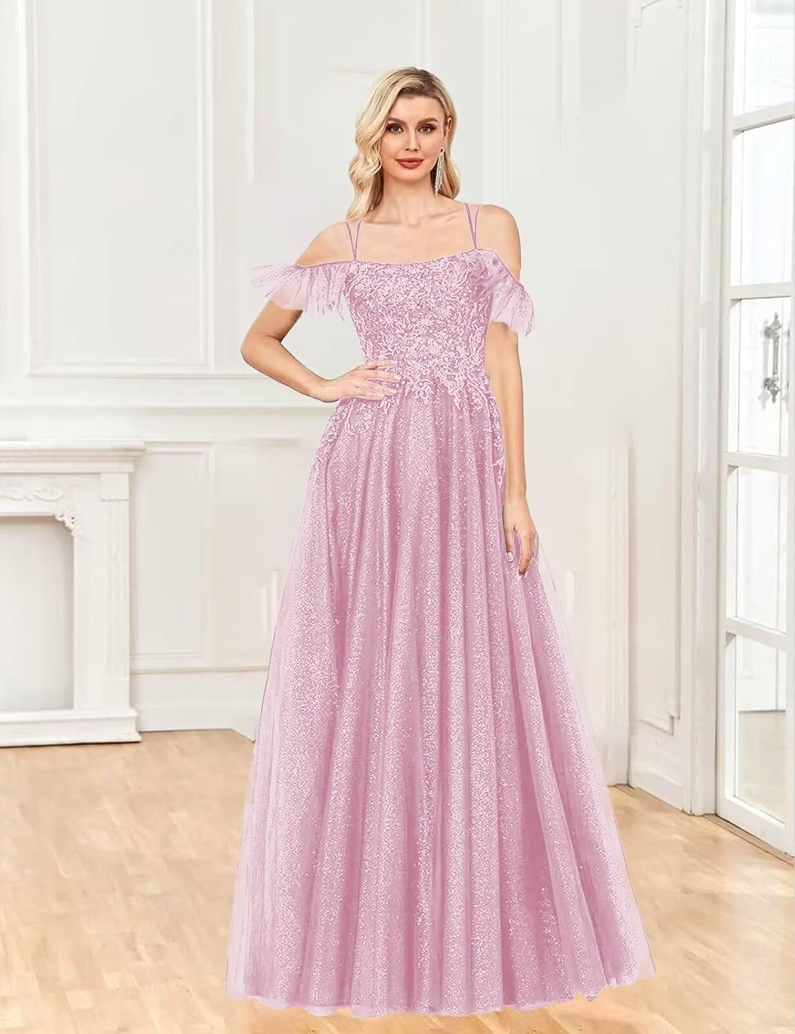 Off Shoulder Tulle Ball Gowns for Women Lace Appliques Beaded Prom Dress Sparkly Long A-line Evening Gowns