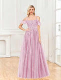 Off Shoulder Tulle Ball Gowns for Women Lace Appliques Beaded Prom Dress Sparkly Long A-line Evening Gowns