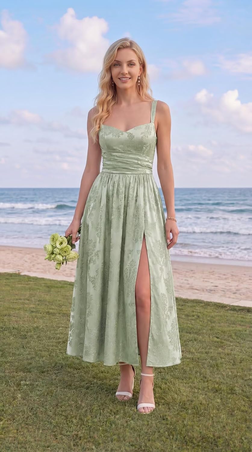 Jacquard Satin Bridesmaid Dresses for Women Spaghetti Straps A Line Tea Length Formal Dress