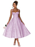 Eightale Satin Jacquard Prom Dress with Bow Tea Length Floral Midi Formal Evening Party Gown