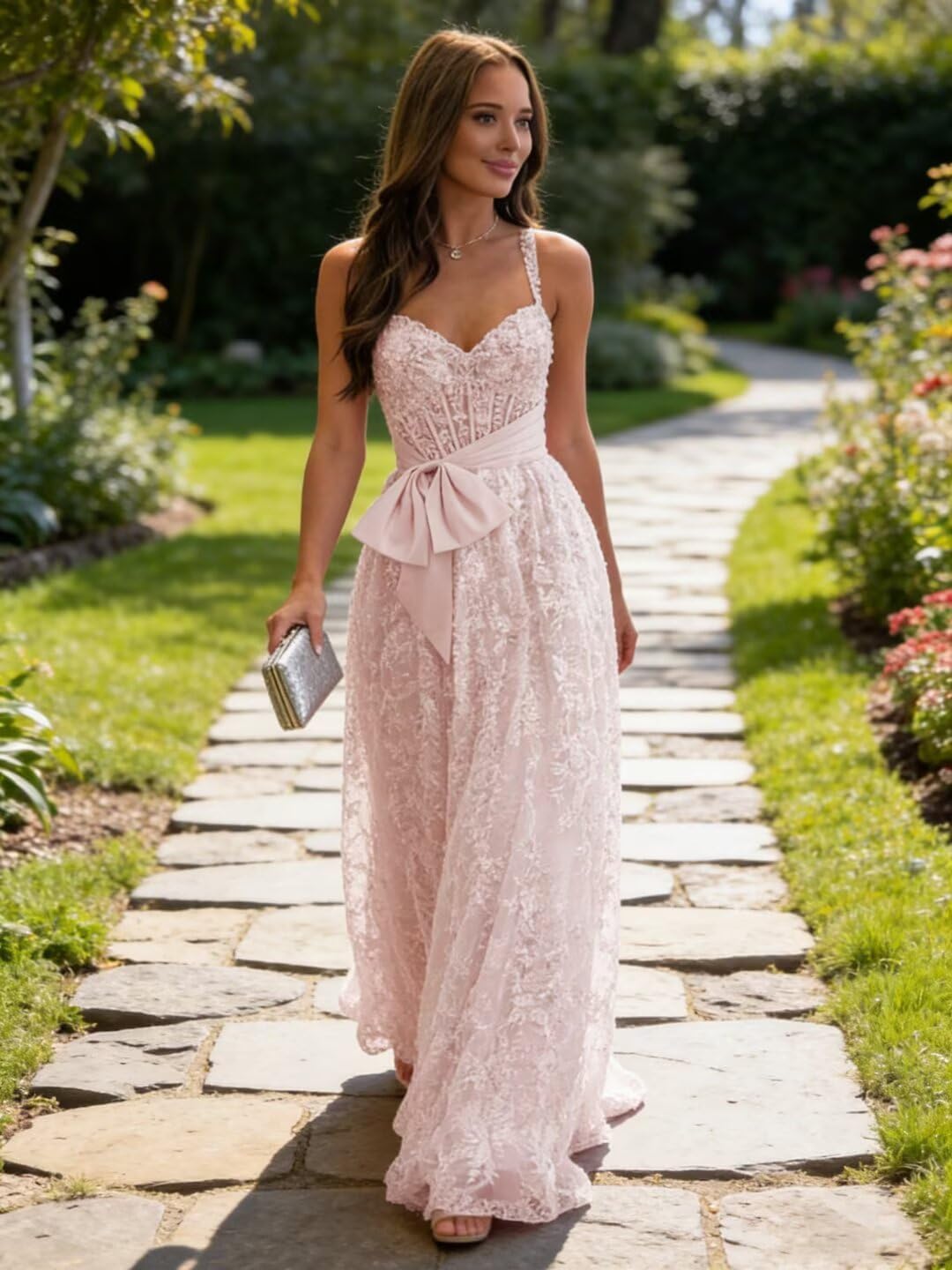 Lace Tulle Prom Dresses with Bow Appliques Corset A Line Long Formal Dress